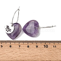 天然アメジストと304ステンレススチールを使用した女性用フープピアス  花柄とハートが描かれたフラットラウンドい形  ステンレス鋼色  35x20mm&nbsp;EJEW-G475-02P-08