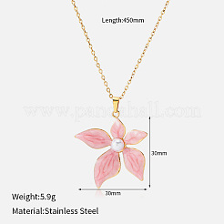 女性用304ステンレススチール製エナメルフラワーペンダントネックレス  模造パールと  ゴールドカラー  ピンク  17.72インチ（45cm）&nbsp;WG42951-03