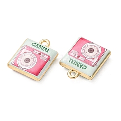プリント合金ペンダント  カメラチャーム付きの正方形  ラックめっき  カドミウムフリー＆鉛フリー  ショッキングピンク  ゴールドカラー  18x15x5mm  穴：1.8mm&nbsp;AL-CBA7256-17B-G