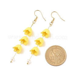 アクリル製の花とプラスチック製のパールのロング ダングル イヤリング  女性用金メッキ 304 ステンレススチールジュエリー  きいろ  80mm  ピン：0.6mm&nbsp;EJEW-JE04941-04