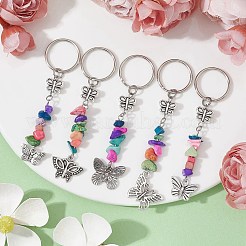 合金蝶チャームキーホルダー  染色された合成ターコイズチップと鉄の分割キーリング付き  ミックスカラー  7.5~83cm&nbsp;KEYC-JKC00614