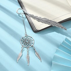 チベットのスタイル合金の羽のブックマーク  編みネット/ウェブ ペンダント ブックマーク (長いチェーン付き)  アンティークシルバー  11.55cm&nbsp;AJEW-TA00014