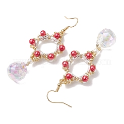 ガラスダングルピアス  アクリル模造真珠ビーズと304ステンレススチールのイヤリングワイヤー付き  花  レッド  71x23mm&nbsp;EJEW-MZ00255-02