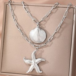 ボヘミアンスタイルの304ステンレススチール製ヒトデと貝殻の形のペンダント、女性用ダブルレイヤーネックレス  変色しない  ステンレス鋼色  18.50インチ（47cm）  16.34インチ（41.5cm）  2個/セット&nbsp;NJEW-F343-01P