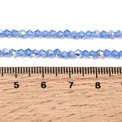 Ab色のメッキ透明ガラスビーズ連売り  双円錐形  多面カット  半分メッキ  コーンフラワーブルー  2.5x3mm  穴：0.7mm  約148~149個/連  15.35~15.55''（39~39.5センチメートル）&nbsp;GLAA-G127-01E