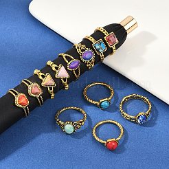 天然レッドジャスパー＆マラカイト＆合成ターコイズの指輪12個  ハート、楕円、三角形、馬の目、四角形の合金製女性用リング  アンティーク黄金  8~9.5x8~10.5mm  内径：16~18mm&nbsp;RJEW-Z087-02AG