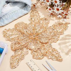 Mayjoy 1個 3Dフラワー ポリエステル刺繍 装飾アクセサリー  アップリケパッチ  ミシンクラフト装飾  スパンコール入り  ゴールド  298x302x7mm&nbsp;DIY-MA0006-70B