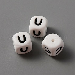 食品グレードの環境に優しいシリコーンビーズ  黒い文字の白い立方体  文字.u  12x12x12mm  穴：2mm&nbsp;SIL-WH0001-41U