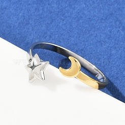 女性用304ステンレススチールカフリング  スター＆ムーン  ゴールデン·ステンレス鋼色  内径：20mm&nbsp;RJEW-B133-05B