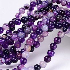 天然石縞瑪瑙/バンデットアゲートビーズ連売り  ラウンド  染め＆加熱  パープル  8mm  穴：1mm  約48個/連  14.1インチ&nbsp;G-D845-01A-8mm