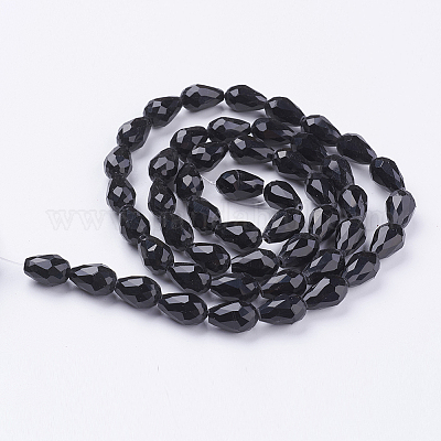 ガラスビーズ連売り  多面カット  ティアドロップ  ブラック  15x10mm  穴：1mm  約48~50個/連  26.6インチ&nbsp;GLAA-E010-10x15mm-17-1