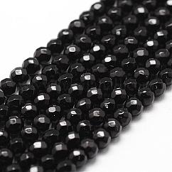天然染色・加熱処理されたブラックオニキスビーズ連売り  グレードA  多面カット  ラウンド  4mm  穴：1mm  約89~90個/連  14.5インチ〜14.6インチ
