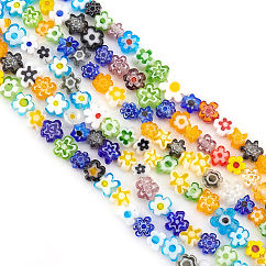 3連売りの手作りミルフィオリガラスビーズ連売り  花  カラフル  3.7~5.6x2.6mm  穴：1mm  約88~110個/連  15.75''（40センチメートル）