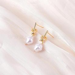イミテーションパール付きノットダングルスタッドピアス  女性のための真鍮のアクセサリー  ゴールドカラー  30x10mm  ピン：0.9mm&nbsp;JE1099A