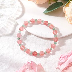 天然グリーンアベンチュリン＆チェリークォーツガラスラウンドビーズストレッチブレスレット（女性用）2個  内径：2-1/4~2-3/8インチ（5.8~5.9cm）&nbsp;BJEW-JB11927
