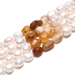 天然カーネリアンナゲットと天然養殖淡水真珠ビーズ連売り  5.5~12x4.5~9x3.5~9mm  穴：0.8mm  パール：6~13x6~9x3.5~7.5mm  穴：0.6mm  約19~21個/連  6.30~6.69インチ（16~17cm）&nbsp;PEAR-N023-01A-03