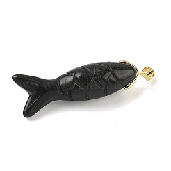 天然と合成の混合宝石彫刻ペンダント  真鍮製の金具が付いた魚のチャーム  ゴールドカラー  47x15x12mm  穴：1.6mm&nbsp;G-P599-08G