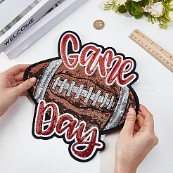 スポーツテーマのスパンコール刺繍アイロン接着/縫い付けパッチ  マスクと衣装のアクセサリー  パイルレットアップリケ  ラグビーと「良い試合」  ココナッツブラウン  245x258x1.5mm&nbsp;PATC-GF0001-94B