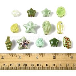 26個 13種類の手作り磁器ビーズ  光沢釉の磁器  ライムグリーン  12~20x10~22.5x5.5~12.5mm  穴：1.6~2.5mm  2個/スタイル&nbsp;PORC-FS0001-41