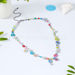 ガラスシード＆アクリル＆プラスチック模造真珠ビーズネックレス1個  花  カラフル  15.16インチ（38.5cm）&nbsp;NJEW-LP0007-25