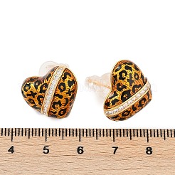 真鍮製のラインストーンスタッドピアス  エナメル  ヒョウ柄のハート  18KGP本金メッキ  15.5x18.5mm&nbsp;EJEW-P301-10G