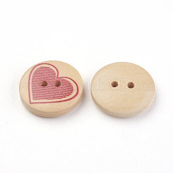 2つ穴プリントウッドボタン  ハートパータン付きのフラットラウンド  モカシン  20x5mm  穴：1.5mm&nbsp;X-WOOD-S037-001