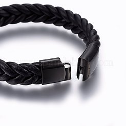 レザー編み込みコードブレスレット  304ステンレススチール製マグネット留め具  長方形  ガンメタ色  ブラック  8-5/8インチ（22cm）  13x6mm&nbsp;BJEW-E345-14A-B
