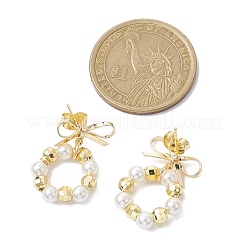 リング&ちょう結び真鍮ダングルスタッドピアス  シェルパールビーズドロップイヤリング  ゴールドカラー  23x16mm&nbsp;EJEW-TA00349