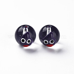 透明なガラスエナメルビーズ  手描きのビーズ  漫画とラウンド  インディゴ  13.5~14x12~12.5x11.5mm  穴：1.6~2mm&nbsp;GLAA-N049-004