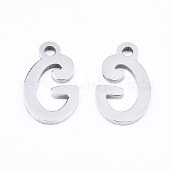 変色しない201ステンレススチールチャーム  レーザー切断  アルファベット  ステンレス鋼色  文字.g  12x7x1mm  穴：1.4mm&nbsp;X-STAS-T044-217P-G