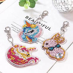 アクリル ダイヤモンド ユニコーン & ウサギ ペンダント キーチェーン キット  鉄パーツ  ポイントドリルプレートを含む  ポイントドリル泥  ポイントドリルペン  ボールチェーン  スイベルクラスプ  ミックスカラー  7~8cm&nbsp;PW-WG80048-01