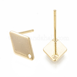 真鍮製スタッドピアスパーツ  ループと平板付き  菱形  ニッケルフリー  18KGP本金メッキ  11x7x0.5mm  穴：1mm  ピン：0.7mm&nbsp;LS-X-KK-N186-60