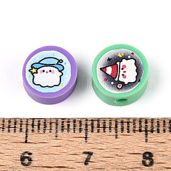 プリントされた手作りポリマー粘土ビーズ  ゴーストとフラットラウンド  カラフル  9~10x4~5mm  穴：1.8~2mm&nbsp;CLAY-T022-12J