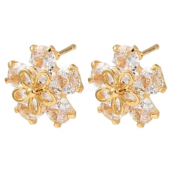女性用真鍮キュービックジルコニアスタッドピアス  花  18KGP本金メッキ  15x15.5mm&nbsp;EJEW-F418-11G
