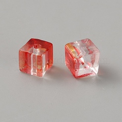 ベーキングペイント透明ガラスビーズ  キューブ  グラデーションカラー  フラミンゴ  6.5~7x6.5~7x6.5~7mm  穴：1.5mm&nbsp;GLAA-WH0045-04F-1