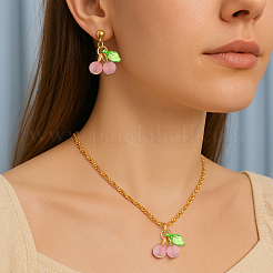 2色のチェリー鉄＆アクリルペンダントネックレス＆スタッドピアスジュエリーセット（女性用）  ミックスカラー  ネックレス：18.5インチ（47cm）；誤差：23x14mm&nbsp;SJEW-HY0001-21