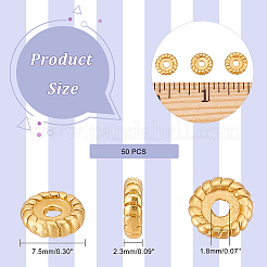 真鍮ビーズ  長持ちメッキ  マットなスタイル  テクスチャ  フラットラウンド  18KGP本金メッキ  7.5x2.3mm  穴：1.8mm  50個/箱&nbsp;KK-DC0001-23