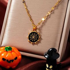 ハロウィン 304ステンレススチール エナメルペンダントネックレス  ユニセックスの金メッキダップチェーン付き  クモの巣  ブラック  15.75インチ（40cm）&nbsp;AJ4171
