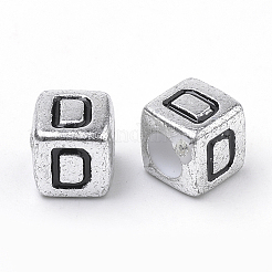 メッキアクリルビーズ  水平穴  文字付きのキューブ  アンティークシルバー  文字.d  6mm  穴：3mm&nbsp;X1-PB43C9308-D