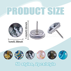 鉄製画鋲100個  ガラスカボション付き  フラットラウンド  プラチナ  ミックスカラー  14mm&nbsp;AJEW-PH01704