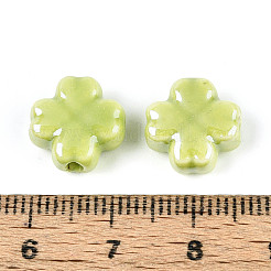 手作りの陶器ビーズ  4葉のクローバー  光沢釉の磁器  黄緑  11.5~12x11.5~12x5.5~6mm  穴：1.8~2mm&nbsp;PORC-Z001-01M-01