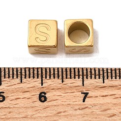 304ステンレススチールヨーロピアンビーズ  大穴ビーズ  文字付きのキューブ  ゴールドカラー  文字S  7x7x7mm  穴：5mm&nbsp;STAS-D382-02S-G