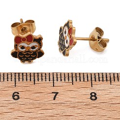 真鍮エナメルスタッドピアス  フクロウ  ゴールドカラー  ブラック  10x9mm&nbsp;EJEW-B119-01G-01