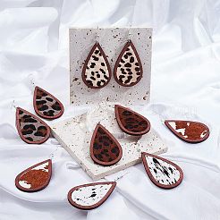 DIYティアドロップピアス作成キット  ヒョウ柄 牛革 ビッグペンダント ウッド付  鉄の丸カンとピアスフック  ココナッツブラウン  60個/箱&nbsp;DIY-OC0009-80