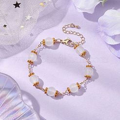 女性用真鍮＆模造翡翠ラウンドガラスリンクブレスレット  ゴールドカラー  6-3/4インチ（17.1cm）&nbsp;BJEW-JB10771