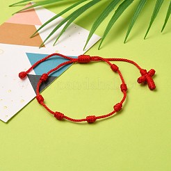 調節可能なナイロン糸編みこみアンクレット  クロス  レッド  内径：1-7/8~3-7/8インチ（4.8~10cm）&nbsp;AJEW-AN00313