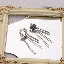 クリスタル ラインストーン ハート タッセル ダングル スタッド イヤリング  女性用真鍮ドロップピアス  プラチナ  48x12.6mm  ピン：0.9mm&nbsp;JE1029A