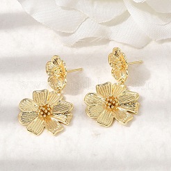花の真鍮ダングルスタッドピアス  カドミウムフリー＆鉛フリー  ラックめっき  長持ちメッキ  18KGP本金メッキ  39.5x24mm&nbsp;EJEW-D352-01G-01