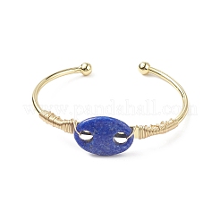 天然ラピスラズリ コーヒー豆 オープンカフバングル  女性のための本物の 18 k 金メッキ真鍮ワイヤー ラップ ジュエリー  カドミウムフリー＆鉛フリー  内径：1-7/8x2-1/2インチ（4.7x6.3cm）&nbsp;BJEW-G660-01G-12