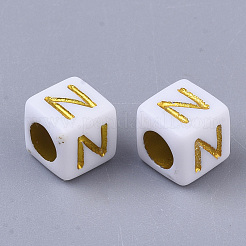 メッキアクリルビーズ  水平穴  ゴールドライン入り  アルファベットスタイル  キューブ  文字.m  5.5~6x5.5~6x5.5~6mm  穴：3.5mm  約3000個/500g&nbsp;SACR-S297-09M